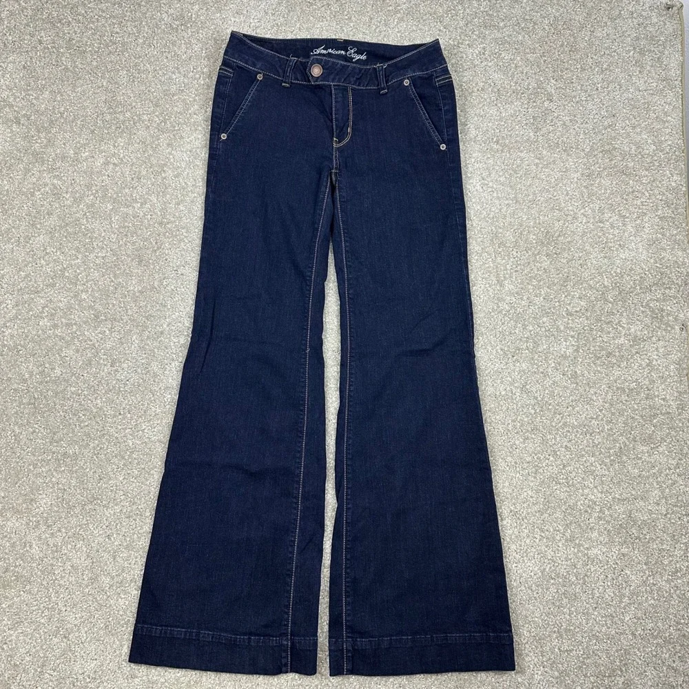 American Eagle Y2k Trouser Jeans Womens 6 Dark Wash Wide Leg Flare Denim Indigo